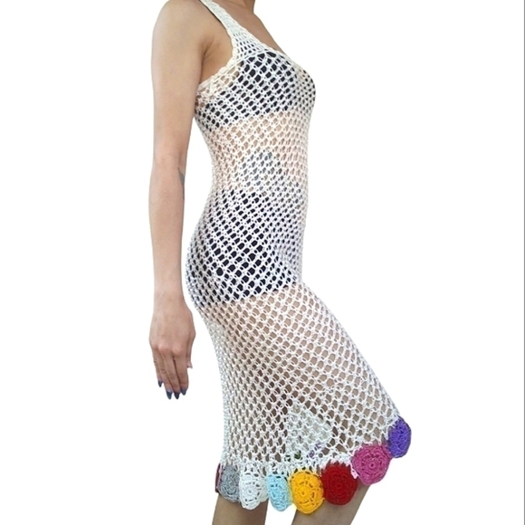 Vintage Cream Rainbow Crochet Boho Summer Dress Small - Picture 2 of 7